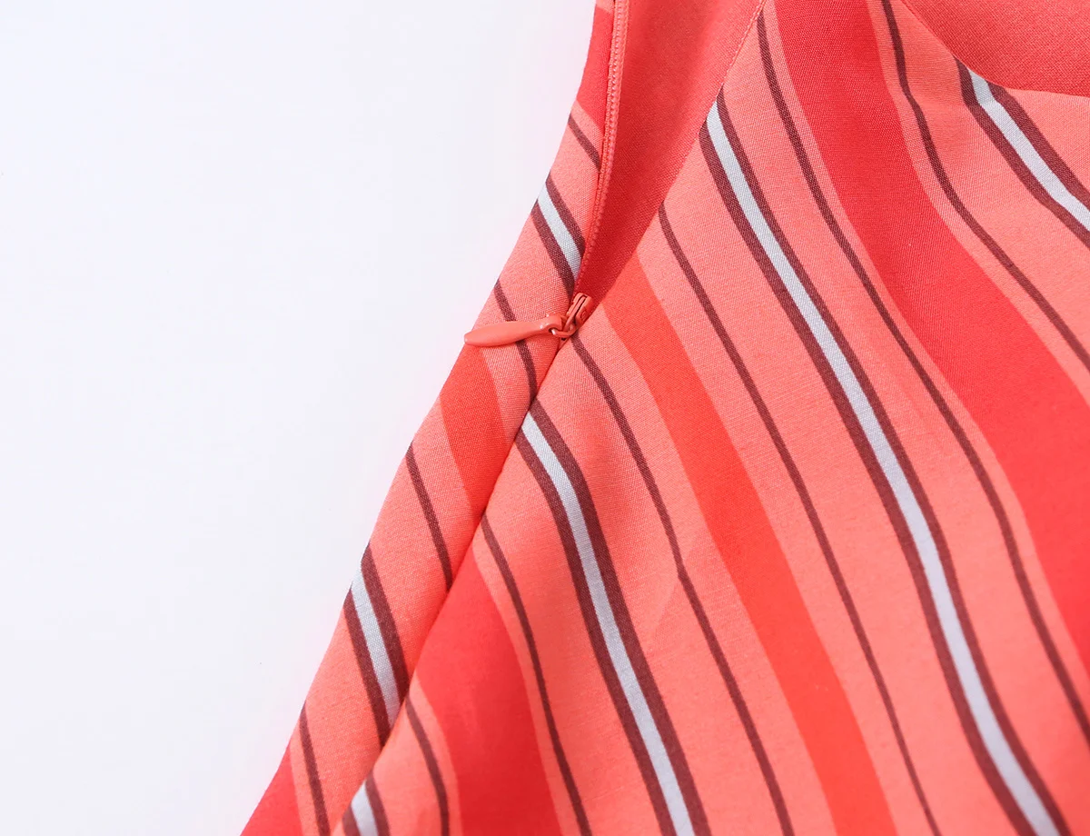HH Französischer Stil Rot Gestreiftes Neckholder-Minikleid Ärmellos mit Wasserfallausschnitt A-Linien-Sommerkleid Elegantes Sommer-Resort-Strand-Büro-Outfit – Detail 11