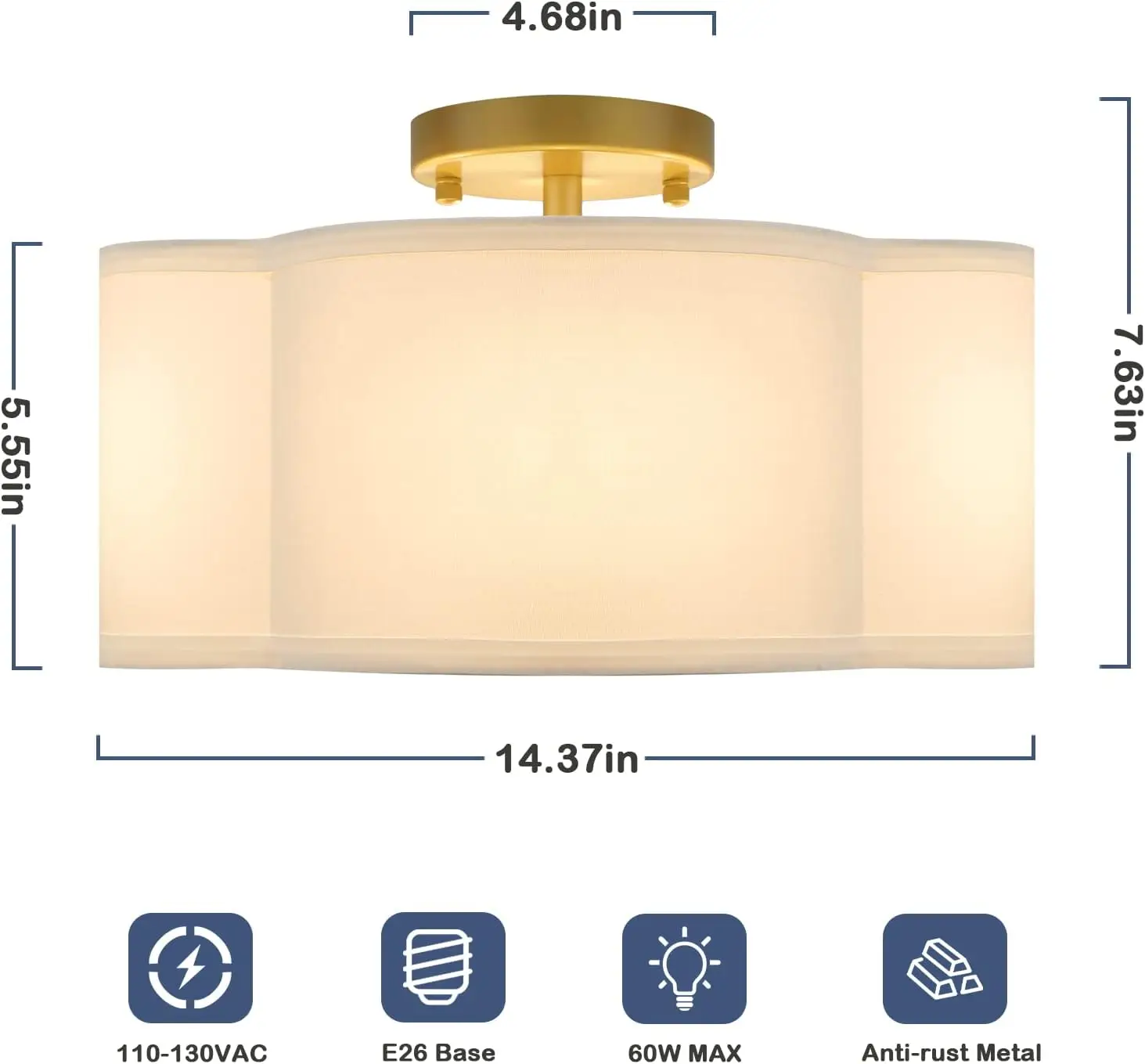 Plafoniera da soffitto Semi-incasso a 4 luci, lampada da soffitto moderna in oro con paralume in tessuto bianco, luminosa della fattoria