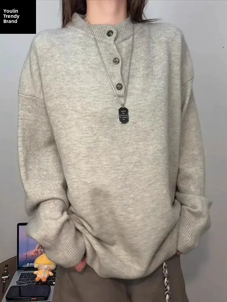 

Light ey Men's Henry Collar Knitwear Winter Lazy American Retro Cleanfit Base irt Soft Comfortable Thiened Long Sve