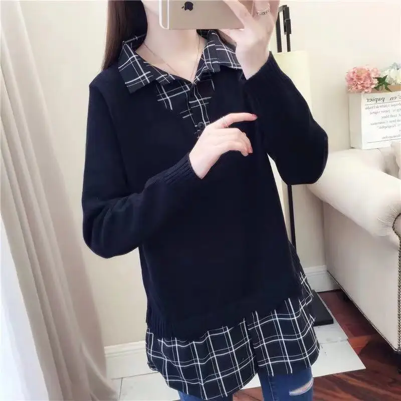 Fashion Lapel Knitted Spliced Lattice Fake Two Pieces Blouse Women's Clothing 2022 Autumn New Casual Pullovers Commute Shirt