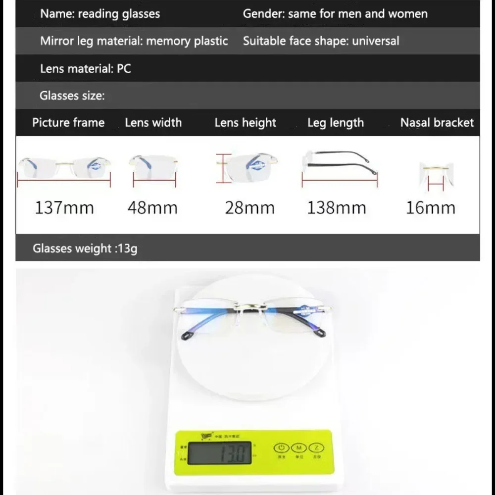 New Anti Blue Ray Reading Glasses Men Women Rimless Cutting Presbyopia Eyewear for Ladies Blue Light Glasses Gafas De Lectura