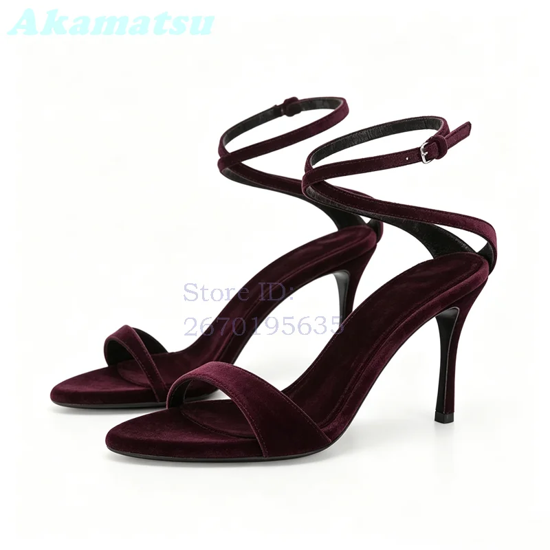 Suede Dark Red Stilettos Sandals Round Toe Shallow Buckle Straps High Heels 2026 Summer New Fashion Women's Party Dress Shoes