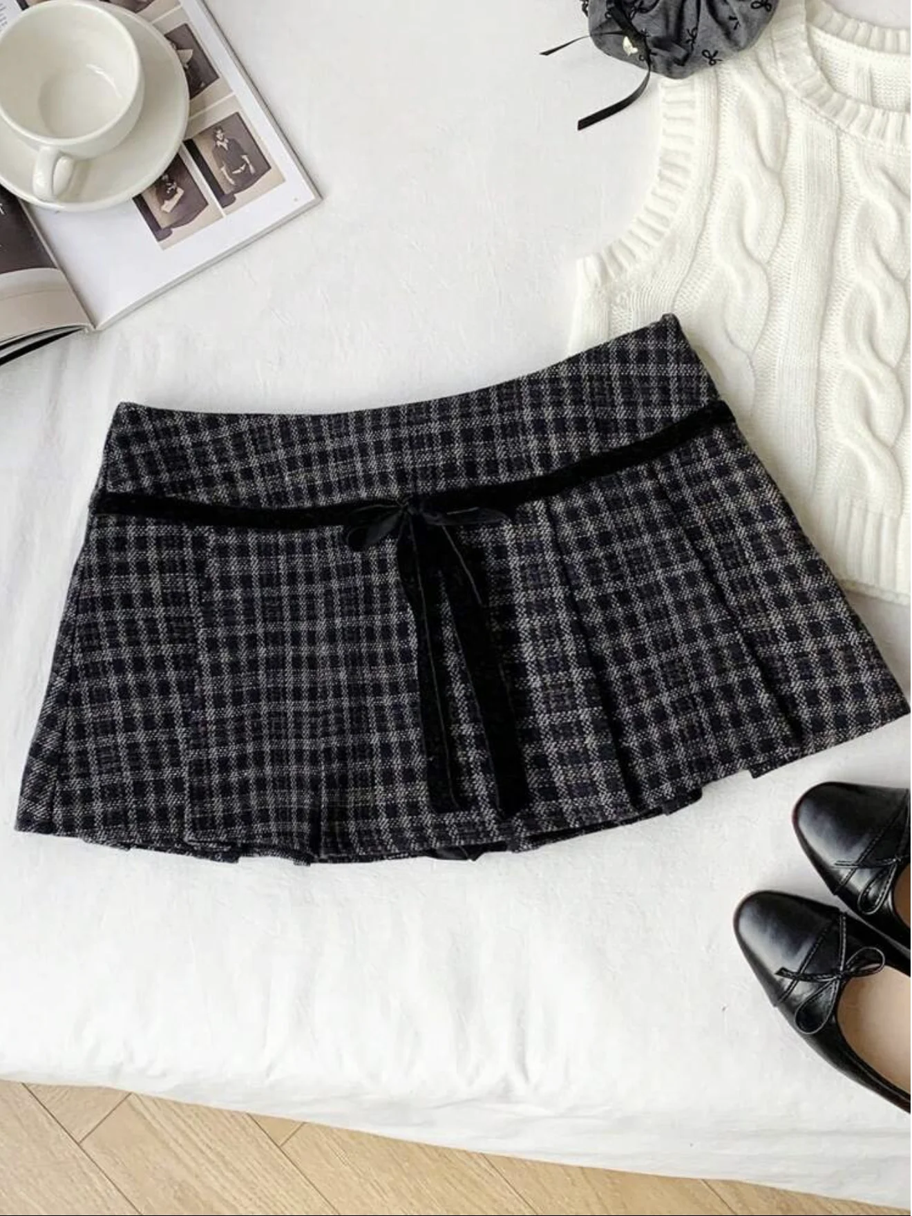 Casual Mini Skirt Vintage Summer Clothes Pleated Skirt Women Thick Tweed Skirt With Bow Tie Front Inside Plaid Skirt With Shorts