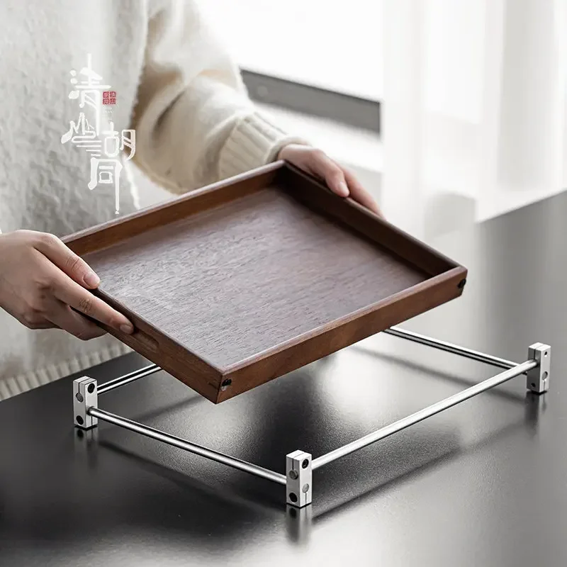 Walnut Aluminum Frame Dry Brewing Tea Tray Retro Kung Fu Tea Set Organizer Ceremony Storage Plate Tea Accessory Stand