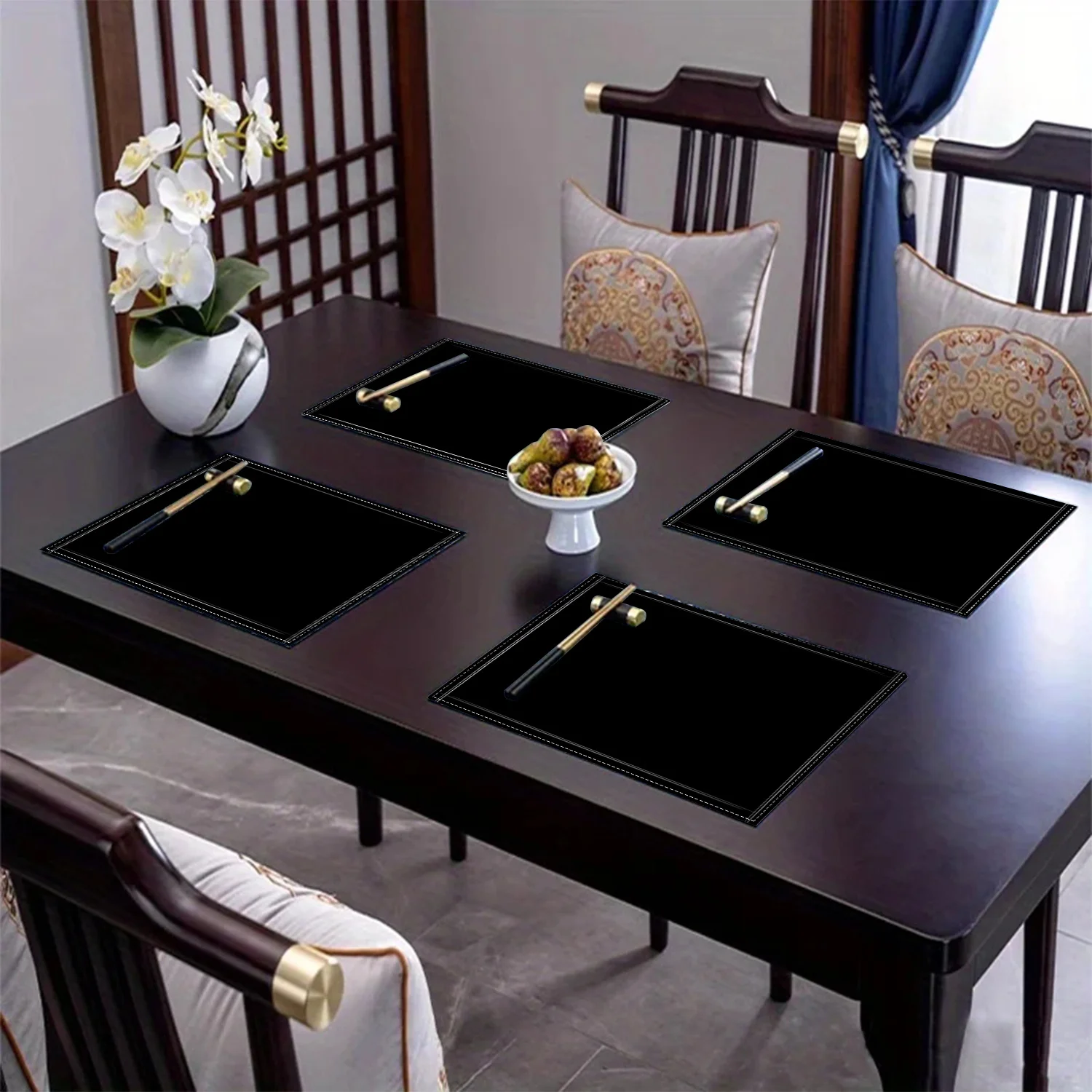 VIKAMA 4/6pc Pure Black Linen Placemat, Table Mat, Kitchen Dining Room, Minimalist Design Home Decoration