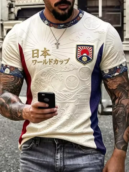 2026 Unisex Navy Football Fan Jersey,Embossed Torii Gate,Wave and Sakura Patterns,Nippon Lettering,Shield Crest Decorated Cuffs