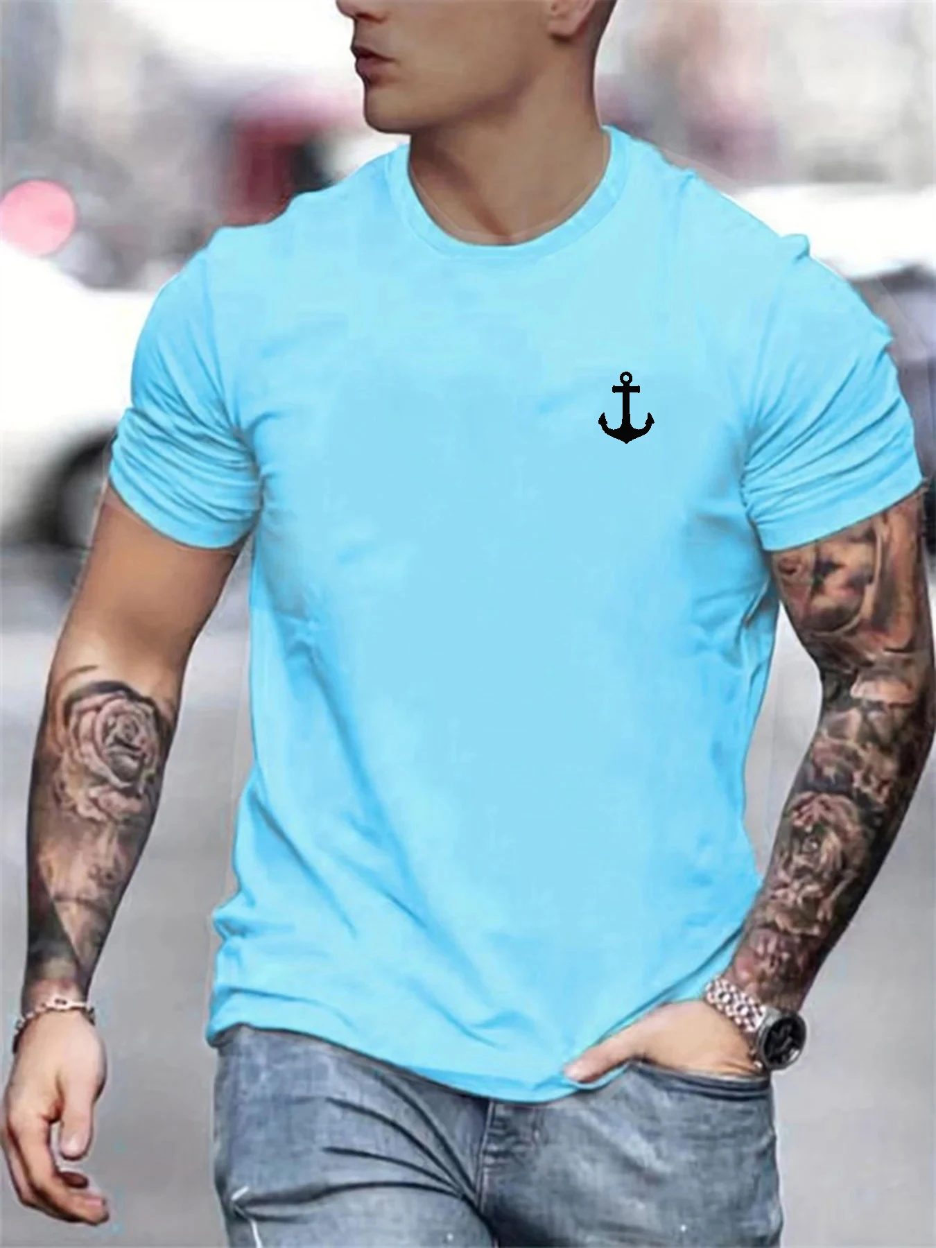 Men's Summer Casual Loose Size 100% Cotton Anchor pattern Print Round Neck Short Sleeve T-shirt Top