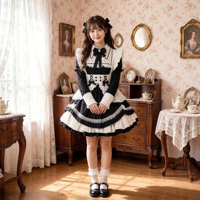 

Japanese Kawaii Lolita Maid Dress with Detachable Sleeves, Bow Lace Apron Cosplay Costume for Party Live Streaming Carnival