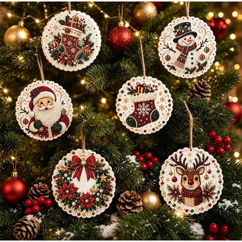6pcs round Christmas diamond painting set 2D wooden Christmas Pearl painting pendant Holiday party home window decoration gift