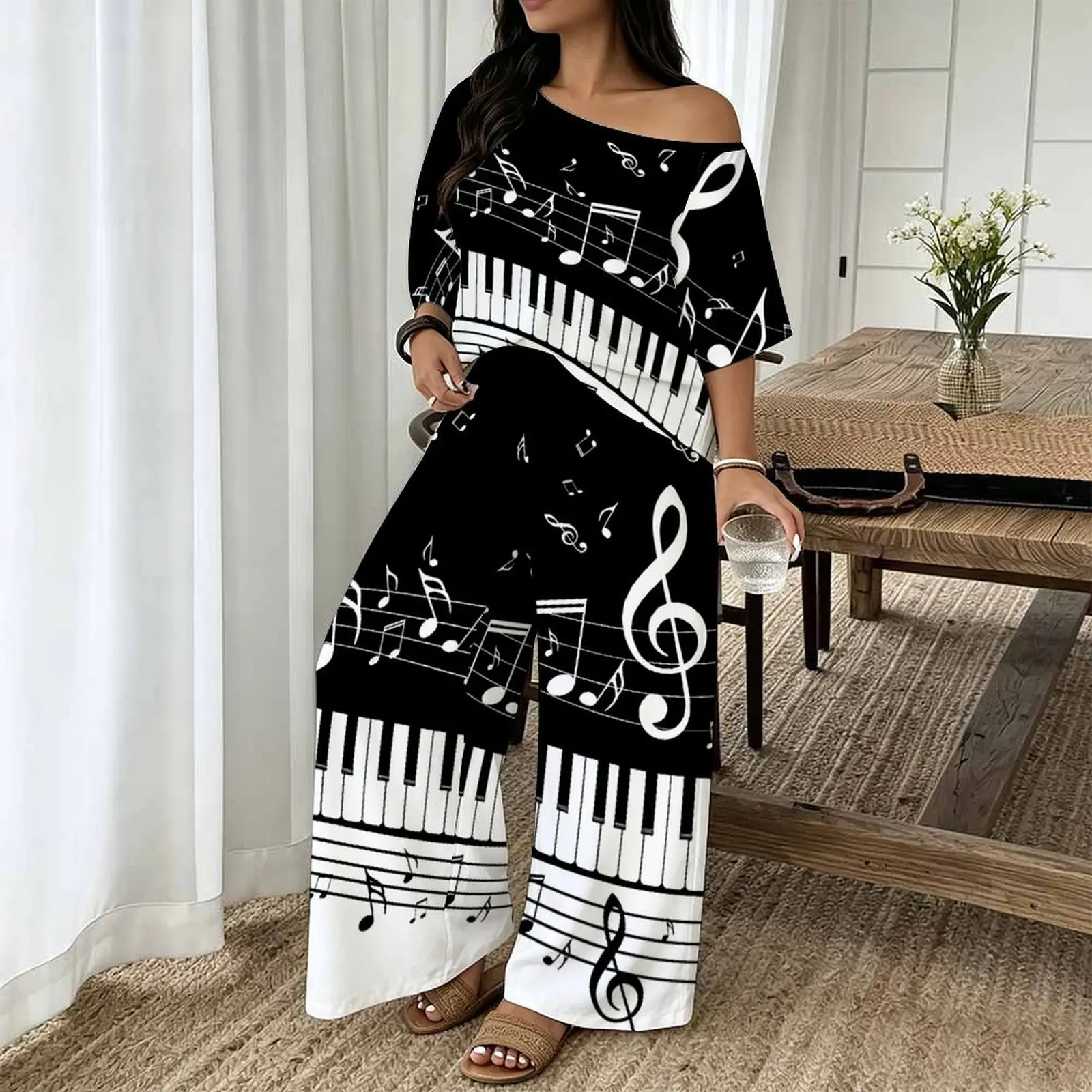 Plus Size Women Spring/summer Fashion Print Two Piece Off-shoulder  Round Neck T-shirt Casual Vacation Long Pants