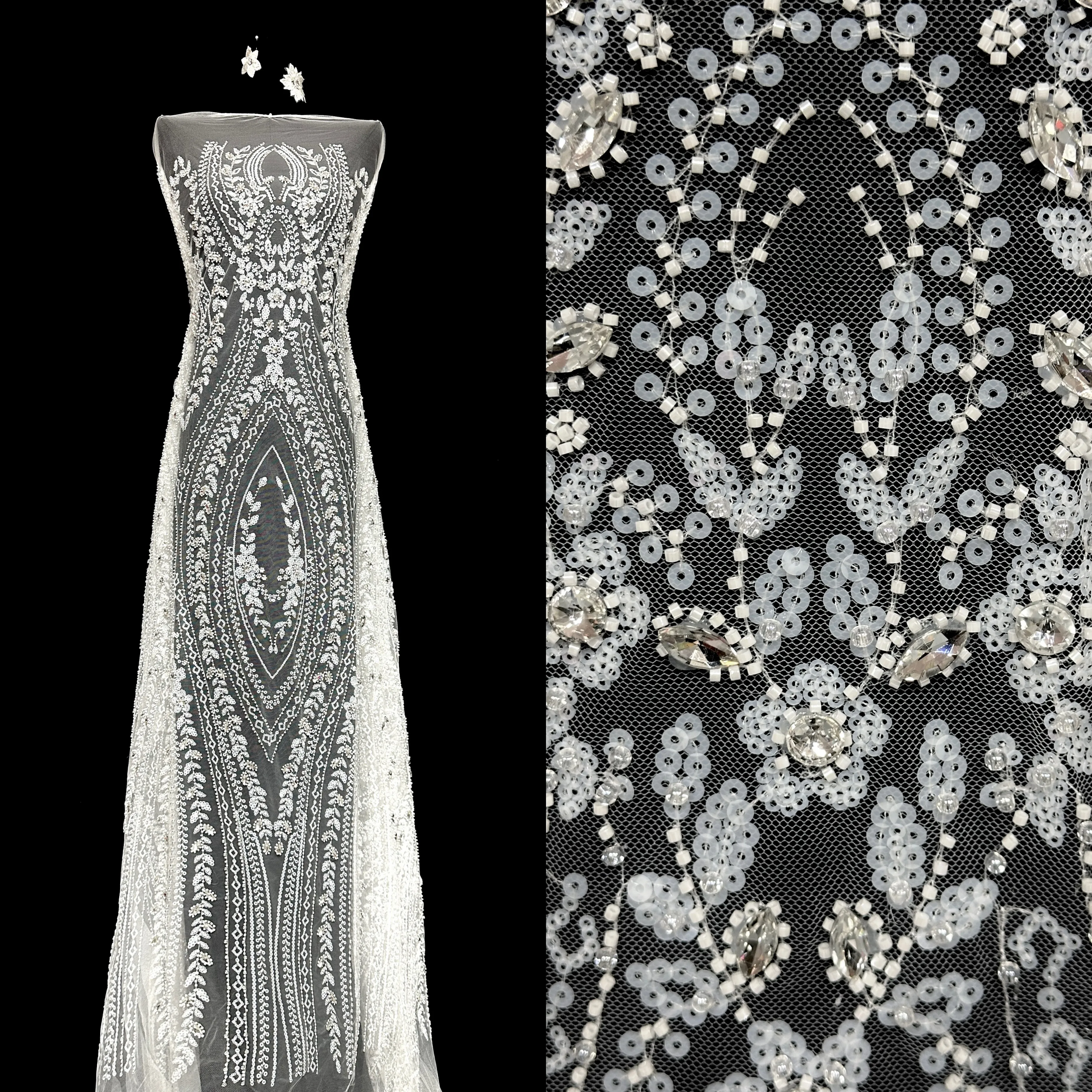 African Beaded Tulle Lace Fabric Heavy White French Nigerian Sequins Embroidered Lace for Party Dress Sewing 5 Yards