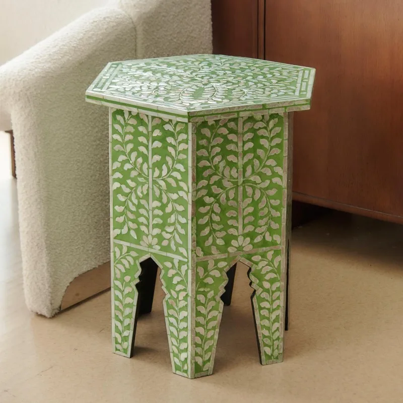 Natural color shellfish, light green vine Qinghuan pattern, movable small coffee table decoration hexagonal edge corner table