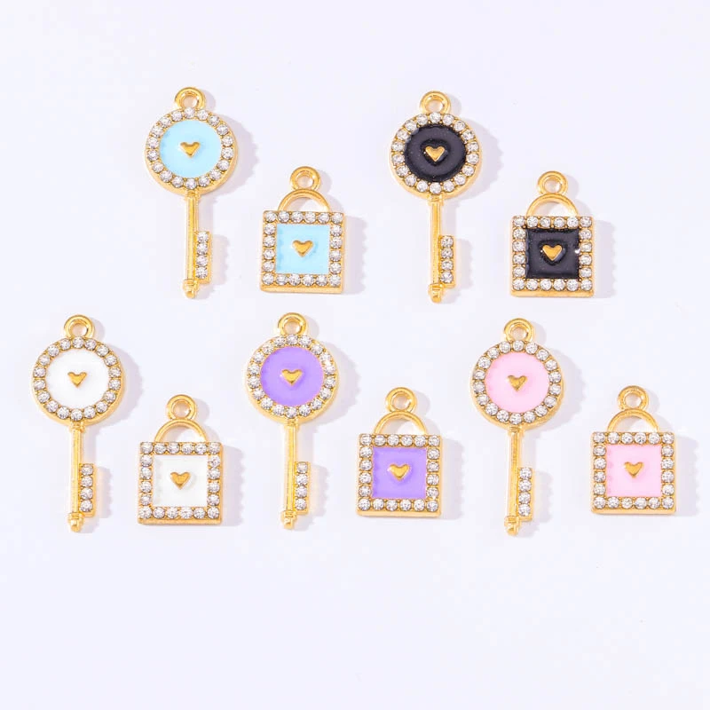 

10Pcs Colorful Enamel Lovers' Key Lock Pendant For Diy Charm Jewelry Earrings Bracelets Keychain Ornaments Making Accessories