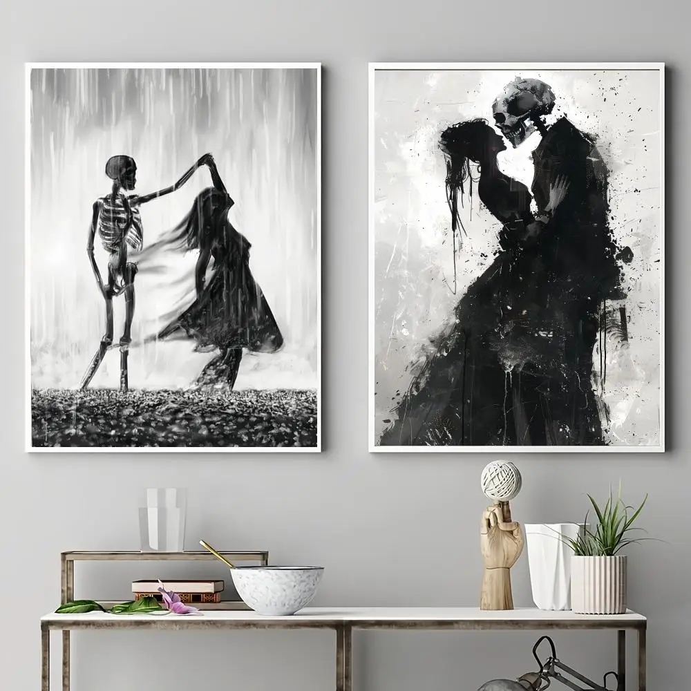 Dark Romantic Skeleton Lovers Embrace Dancing in the Rain Splash Texture Gothic Couple StickersWall Art Home Wall Decor HD