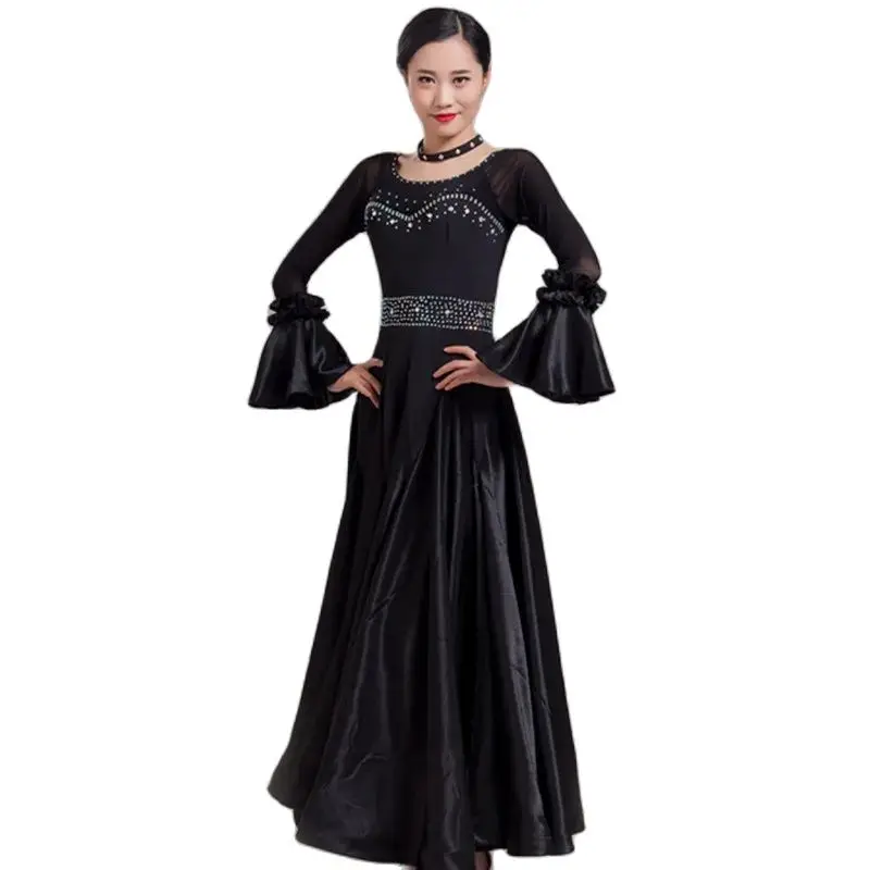 Satin Ruffle Standard Ballroom Dance Dress Flowy Lyrical Dance Costumes Party Dress Foxtrot Tango Rumba Ball Gown