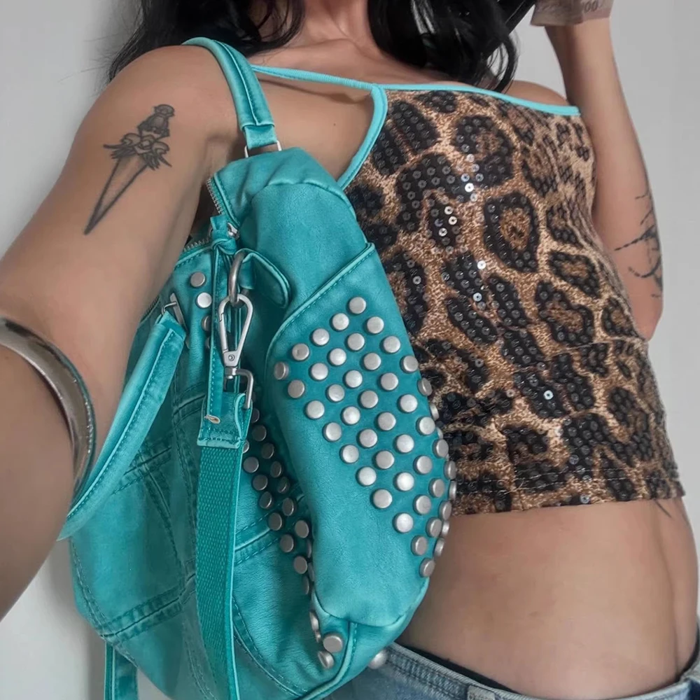 Summer Y2K Spicy Girl Style Leopard Print Sequin Contrasting Color Edging Slim Fit Short Camisole Vest