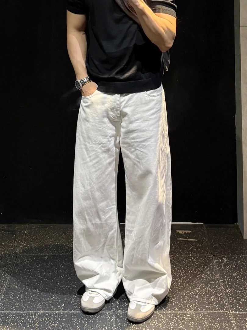 American Vintage Washed White Basic Five Generation Men's Jeans Loose Straight Leg Style Casual mid Waist Button Closure