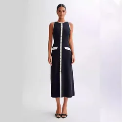 Black Elegant Sleeveless Round Neck Knitted Long Dress For Women Single Breasted Slim Maxi Dress Chic Elegant Streetwear Vestido