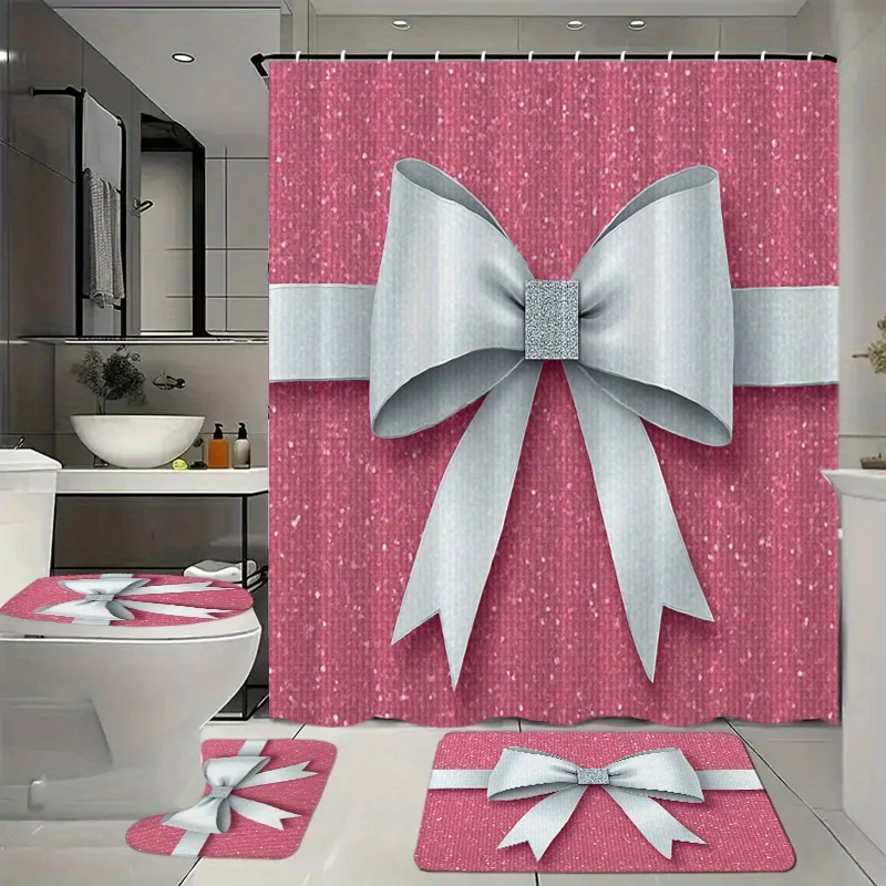 

4pcs Bathroom Set Shower Curtain with 12 Hooks Floor Mat Toilet Contour Mat And Toilet Lid Mat Bathroom Decor Bathroom Accessori