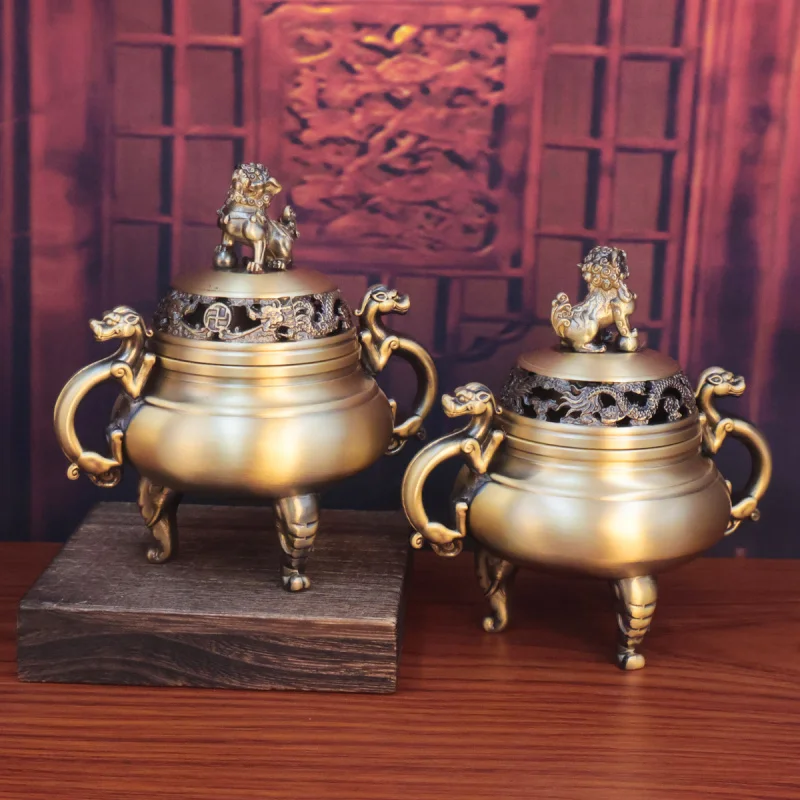 

Латунная курильница «Дракон и Феникс Suan Ni» с крышкой, курильница Qilin для домашнего хозяйства, трехногая футболка с двойными ушками