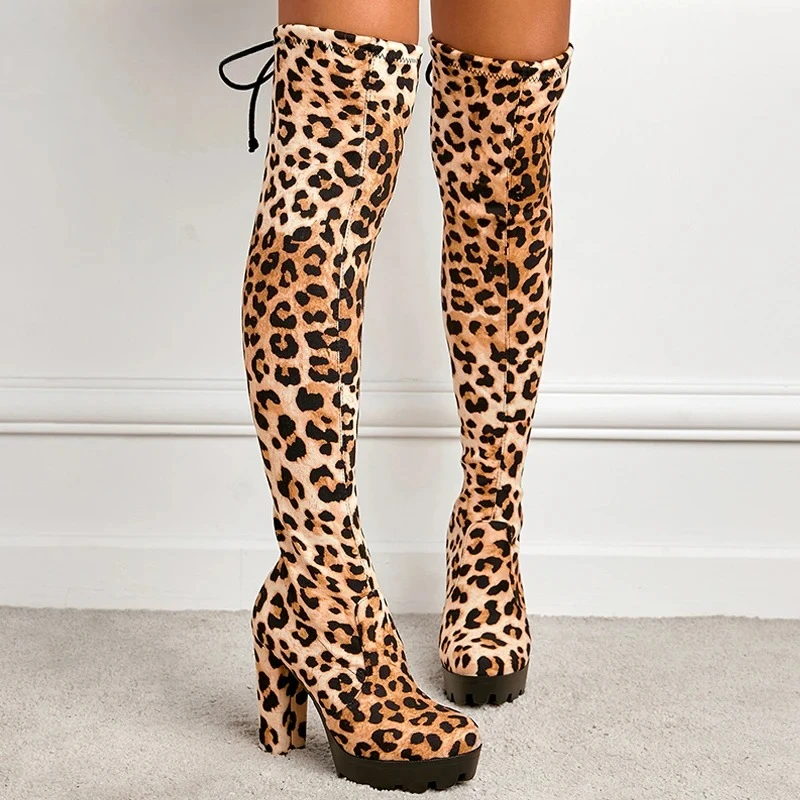 

Women's Leopard Print Stretchy Over The Knee Boots, Back Lace Up Chunky Block Heel Platform Winter Casual Footwear,Drop Shipping