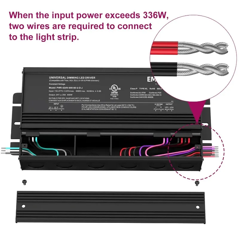 EMITEVER Dimmable Led Driver, 600W AC 110V-277V to DC 24V Transformer, 5-in-1 Dimming: ELV/MLV/TRIAC / 0-10V / 1-10V / 10V