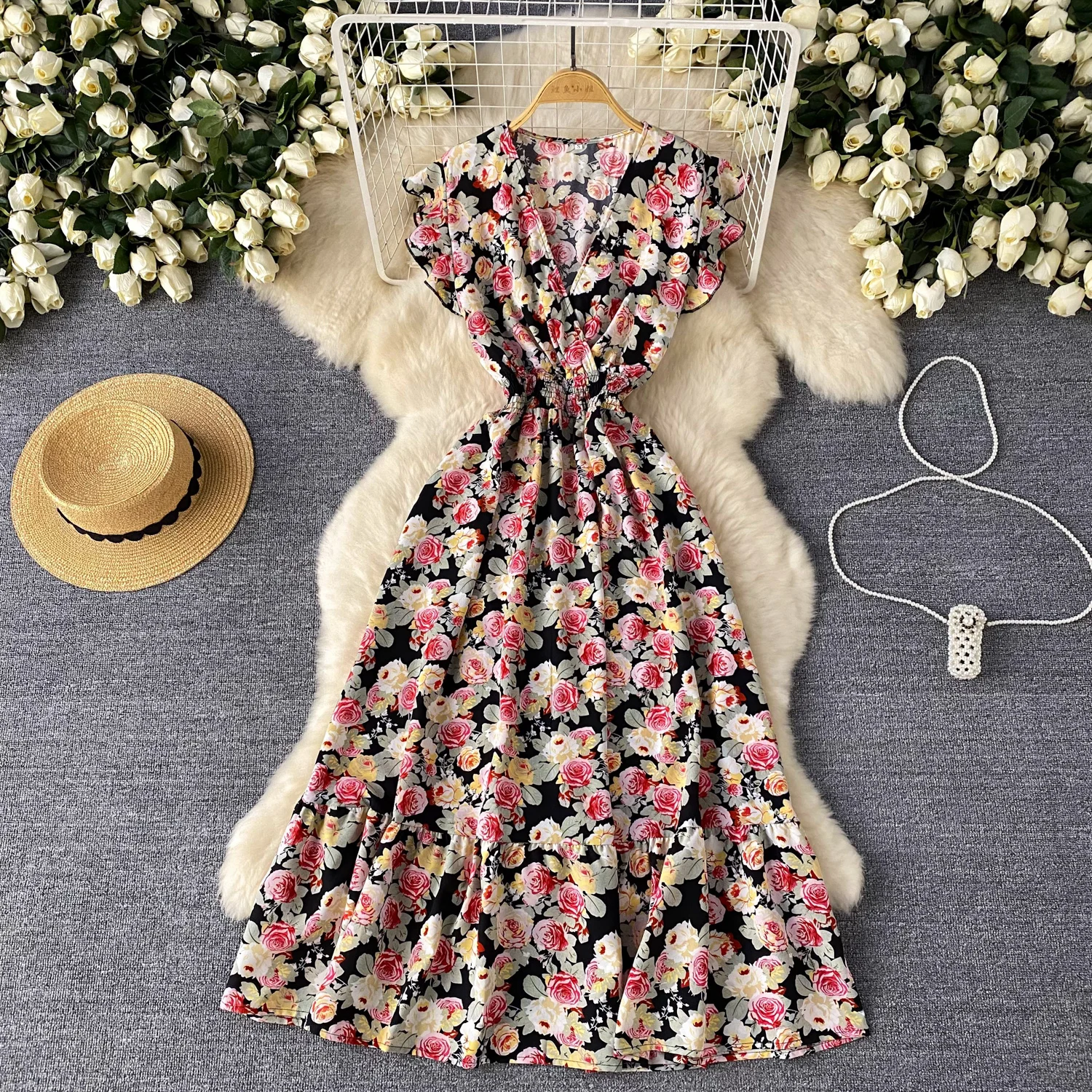 

Elegant Vintage print chiffon Flying sleeve Dress Chic Sexy V-neck Slim Vestidos Summer Vacation Party Women Fashion Dresses