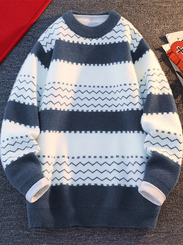 

Мужской зимний утепленный свитер свободного кроя с круглым вырезом, повседневный универсальный базовый слой, с полосатым узором, теплый и комфортный