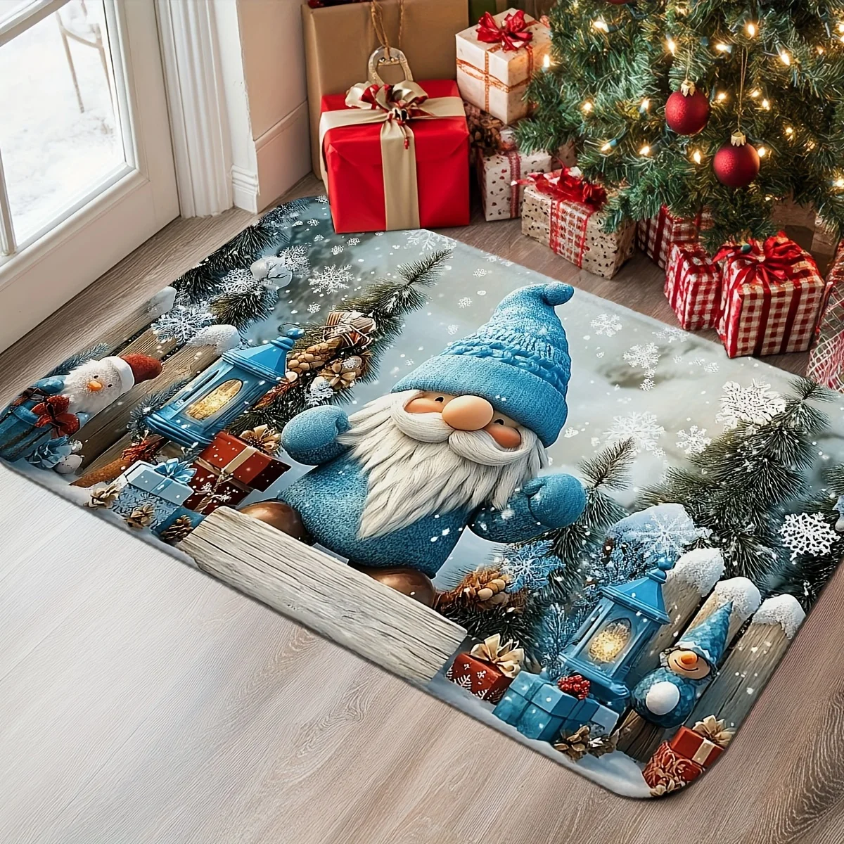 Charming Christmas Floor Mat  Cute Gnome Winter Snow Scene with Festive Ornaments Art Decor Rug for Home Entryway Space