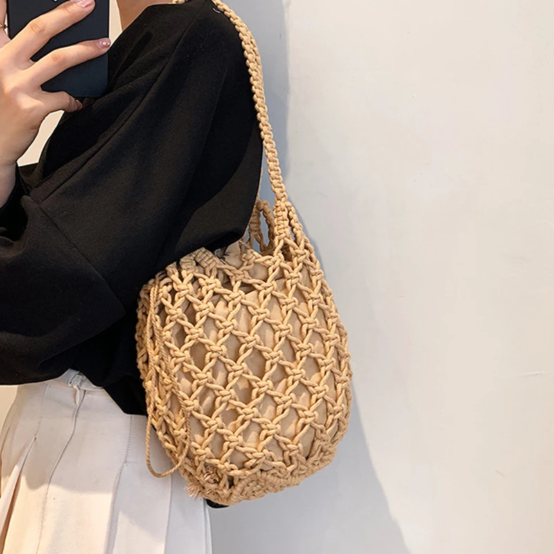 Summer Straw Bucket Bags For Women Handmade Drawstring Beach Shoulder Bags Raffia Rattan Woven Handbags Vacation Shopping Bags