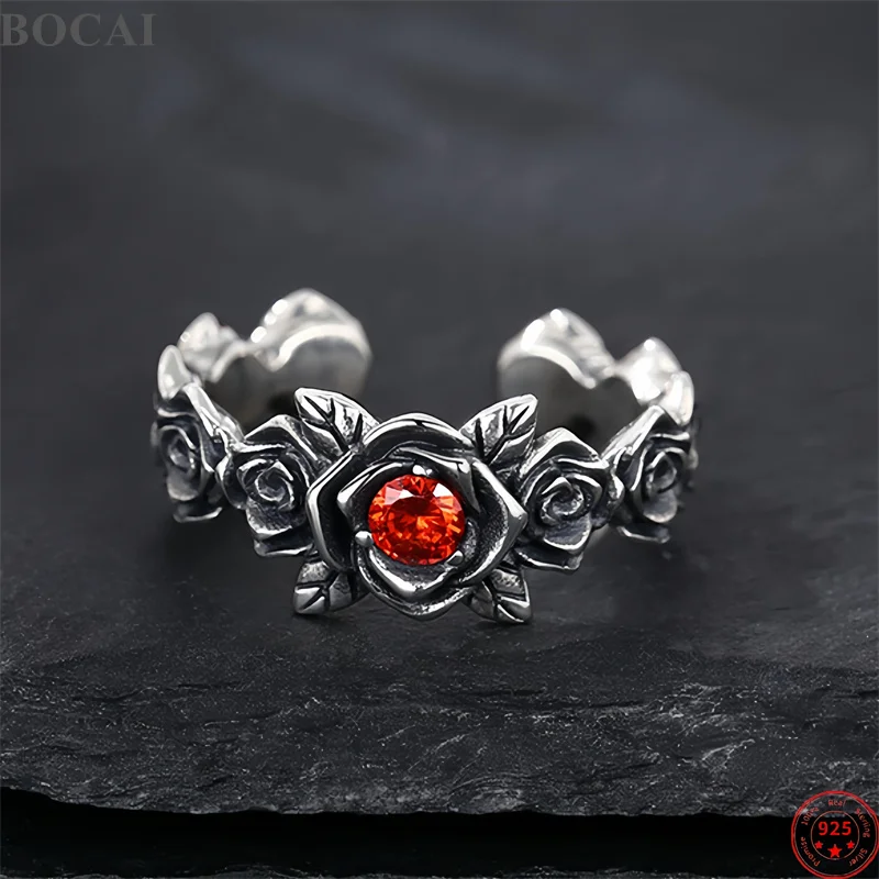 

BOCAI New S925 Silver Retro Trendy Thorny Rose Adjustable Ring for Men and Women's Lovers Jewelry Accessories