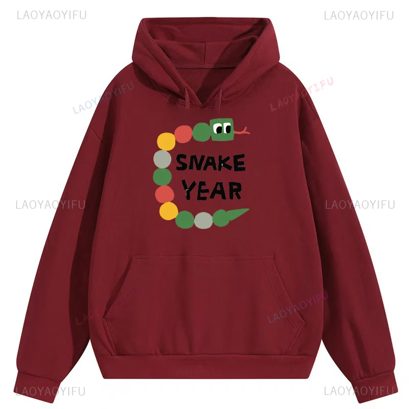 Kawaii lustige Cartoon-Schlange, Jahr 2025, Frau, bedruckter Kapuzenpullover, chinesisches Mondneujahr, Unisex, Erwachsene, Tropfen-Schulter-Pullover, Heimparty