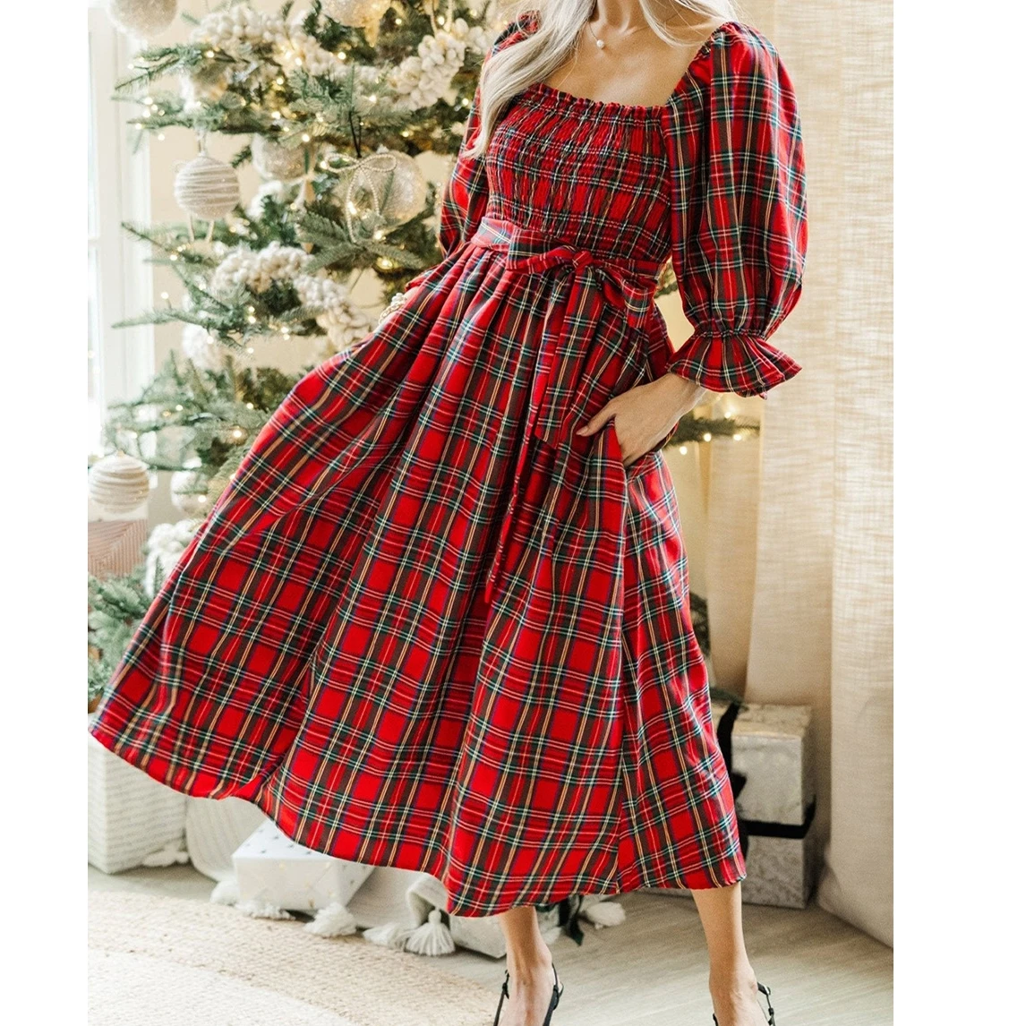 فستان نسائي صيفي خريفي طويل عتيق بأكمام منتفخة ورقبة مربعة وخصر عالي منقوش #1