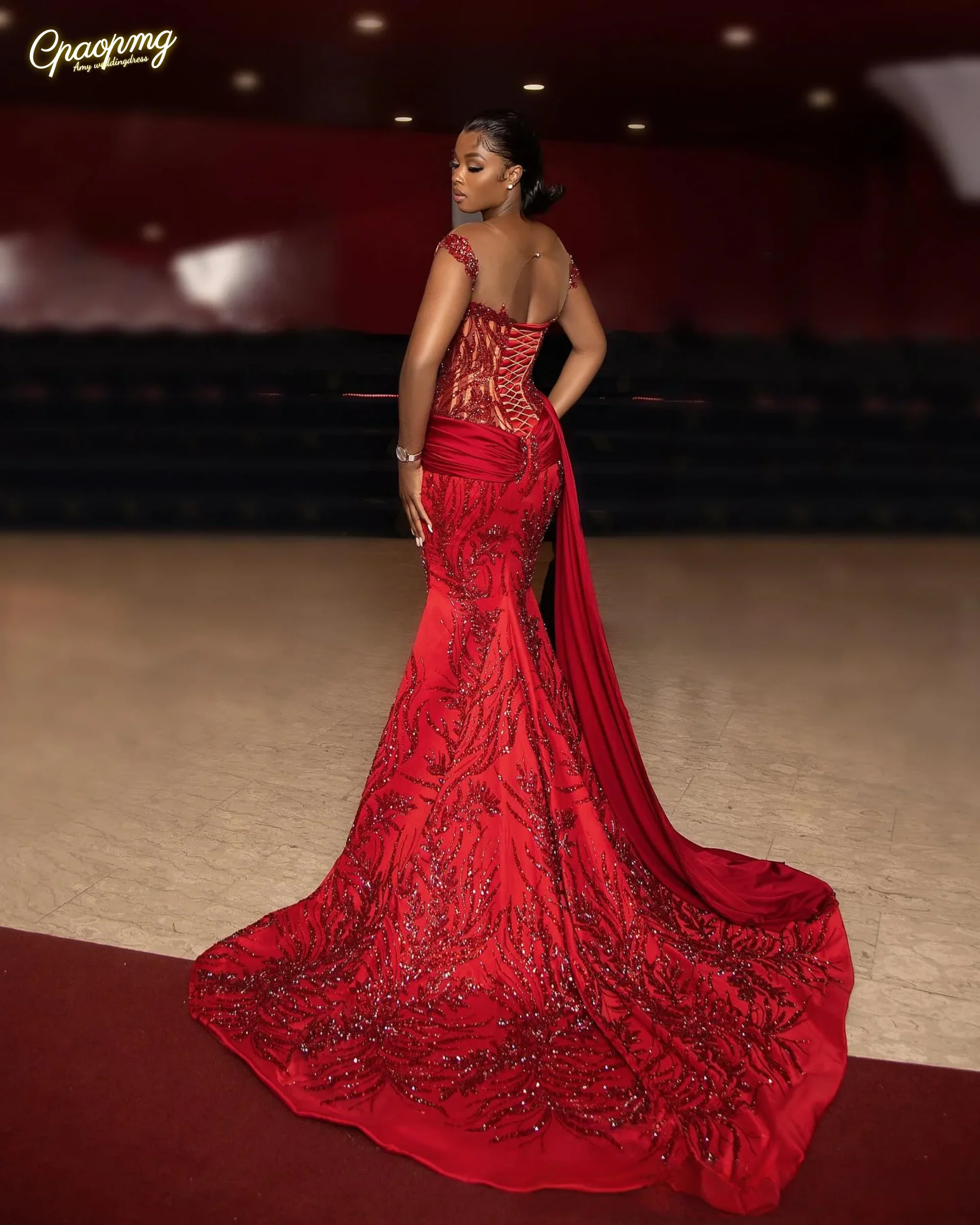 Vestidos de baile vermelhos personalizados sereia vestidos formais de noite frisado renda ilusão mangas curtas vestido