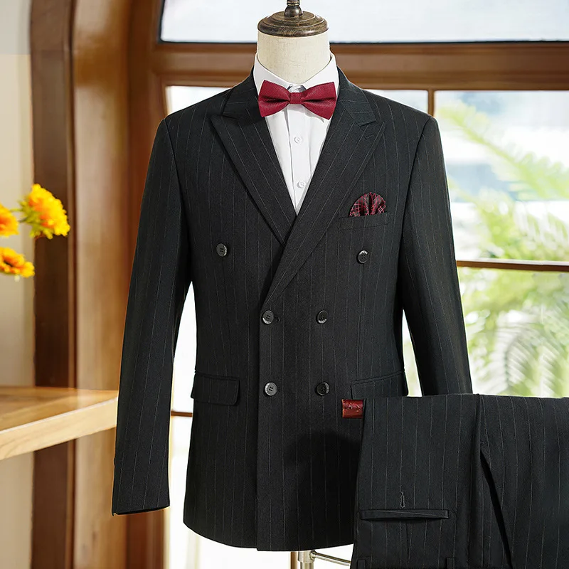 

080105High-end double-breasted striped suit for men, casual groom wedding dress