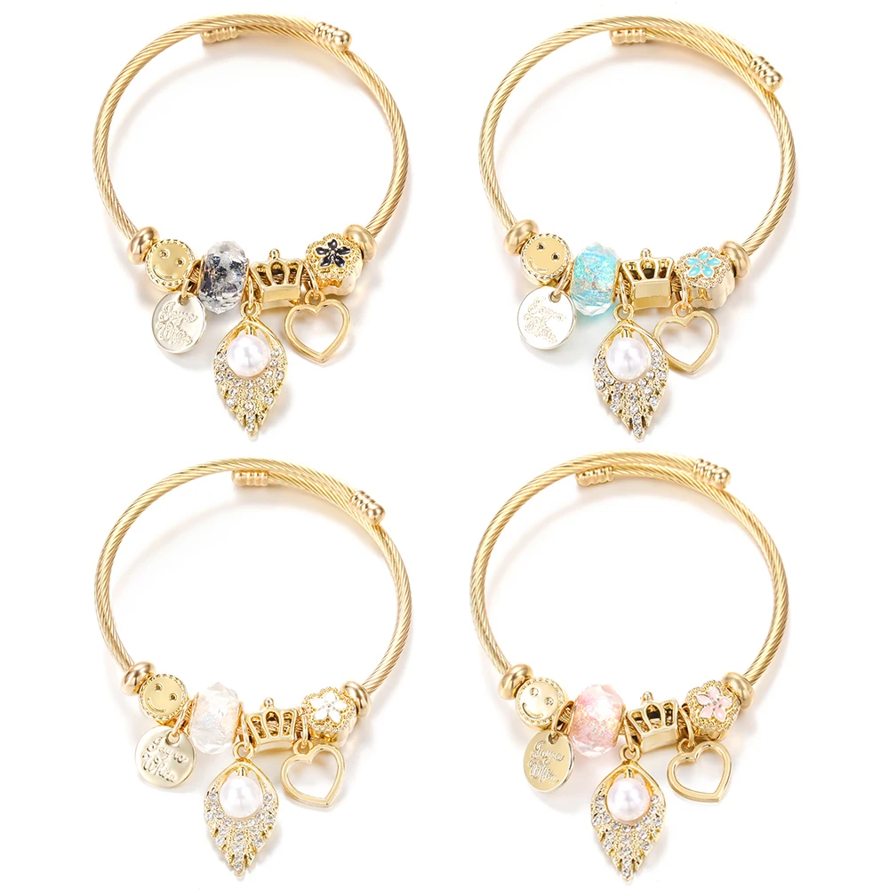 Heart Shaped Rhinestone Pearl Coin Pendant Crystal 4 Colors Beaded Bracelet Stainless Steel Closure Bangle Women Trendy Jewelry