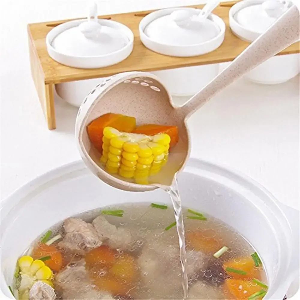 Hot Selling 2 In 1 Long Handle Soup Spoon Home Strainer Cooking Colander Kitchen Scoop Plastic Ladle Tableware