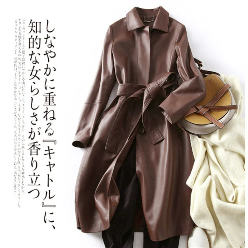 

Female Medium And Long Hepburn Wind Haining PU Leather Extended Soft Leather Windbreaker Women Brown Leather Coat Loose Cardigan