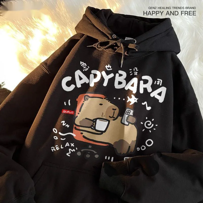 Kapibara Cute Fleece Hooded Pullover Sweatshirt Trendy Couple's Autumn-Winter Warm Sweatshirts Stylish Casual Loose-Fitting Top