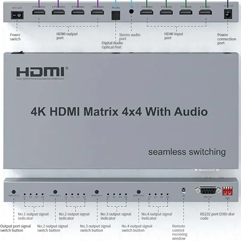 4K 4x4 HDMI Matrix with Audio Extractor 4K 60Hz Video Switcher Splitter 4 in 4 Out Seamless Switch RS232 for PS4 PC To TV