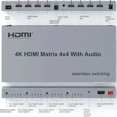 4K 4x4 HDMI Matrix with Audio Extractor 4K 60Hz Video Switcher Splitter 4 in 4 Out Seamless Switch RS232 for PS4 PC To TV