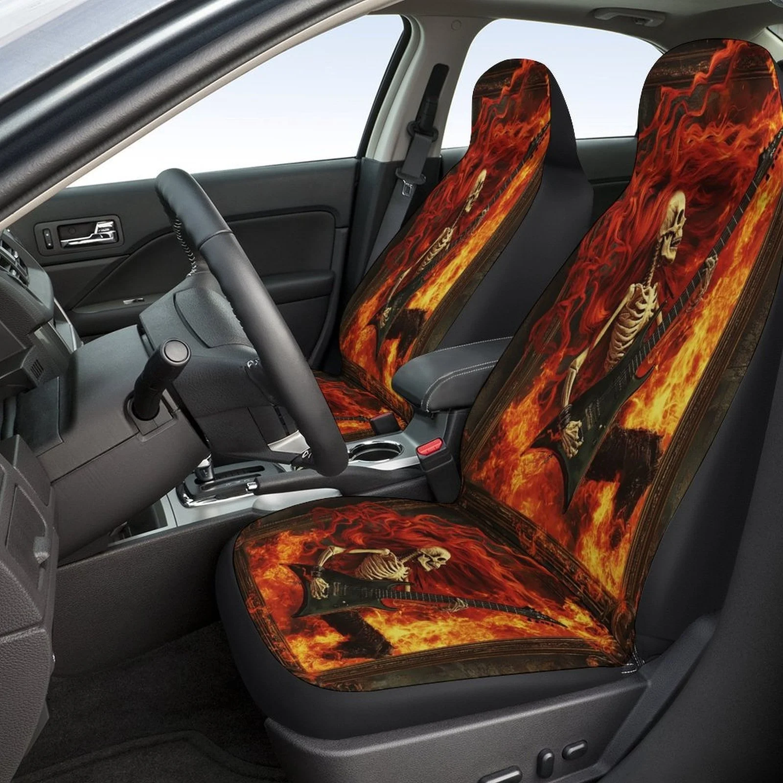 Set Of Car Seat Covers Featuring A Flaming Guitar Skeleton, Suitable For A Variety Of Vehicles. Stylish And Unique, This Complet