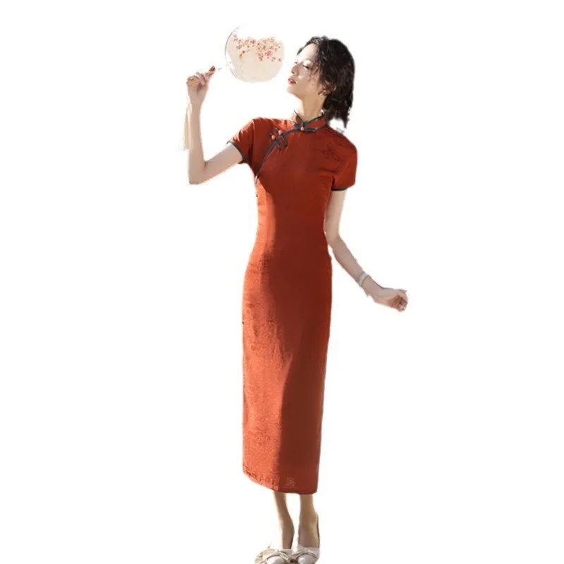 Retro National Style Young Women's Long Short Sleeve Robe Qi Pao     College Entrance Examination Mother Cheongsam Skirt