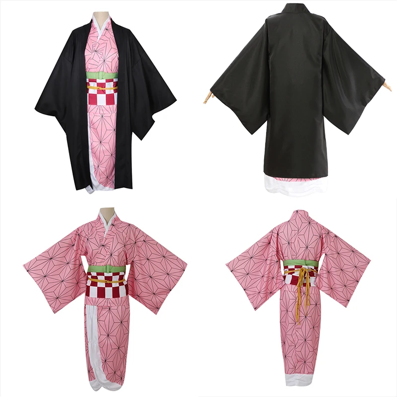 Anime Dämon Slayer Kamado Nezuko Cosplay Kostüm Uniform Kleidung Kimono Perücke Zahn Schuhe für Halloween Karneval Party Erwachsene Kinder