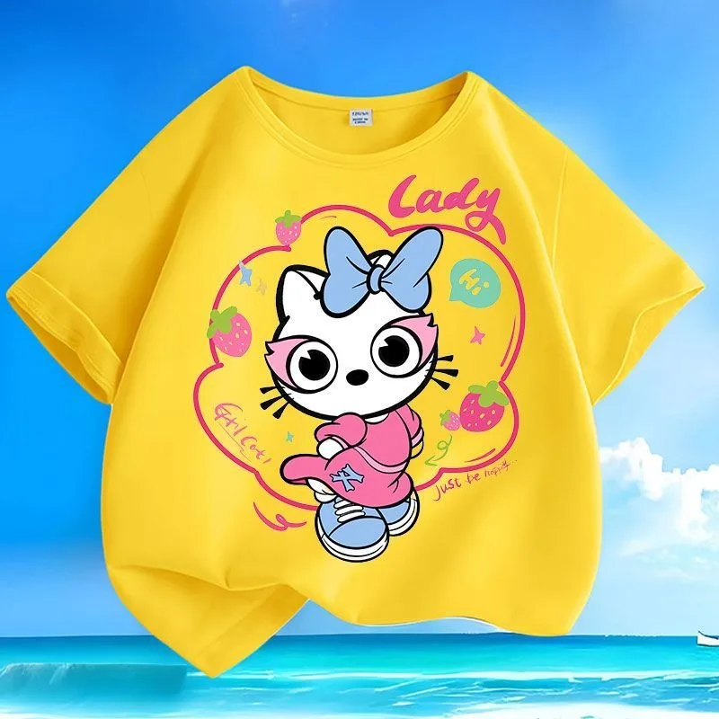 

Crew Neck Loose Cute Kitten Kids T-shirt Boys Girls Summer New Anti Wrinkle Machine Washable Low Maintenance Tops T-shirts