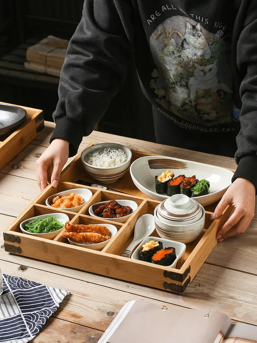 Japanese B&B Breakfast Tableware Creative Ceramic Retro Compartment Dinner Plate Tray Hotel Restaurant Commercial Set