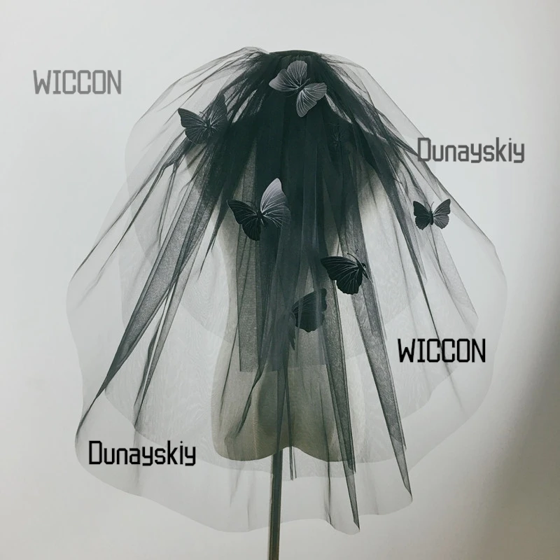 Gothic Black Veil 75cm Halloween Bride Cosplay Lolita Detachable Butterflies Vintage Lace Dark Wedding & Valentine's Day