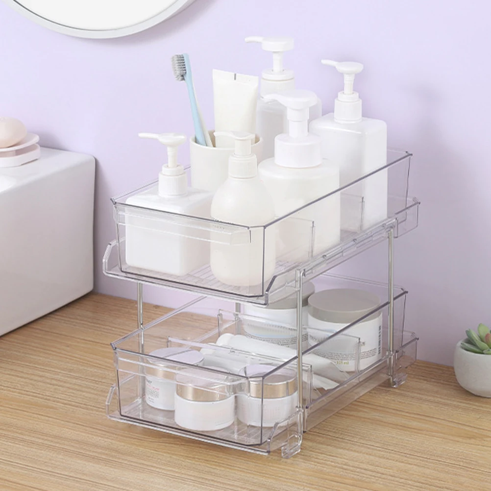 

1Set Two Tier Clear Sliding Organizer Bathroom Countertop Storage Rack Makeup Toiletries Vanity Dresser Organizer