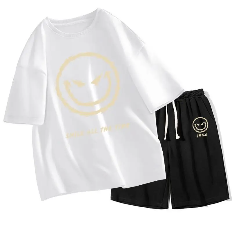 

Summer Suit Versatile Smiley Face Short Sleeve Trendy Handsome with A Set of Clothes Teen Loose Five-quarter Sleeve T-shirt