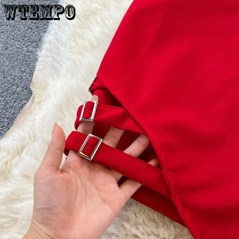 WTEMPO Sexy Women Summer Dress Solid Irregular Hip Wrap Red Dress Backless V-neck High Waist Slim Sleeveless Party Dress